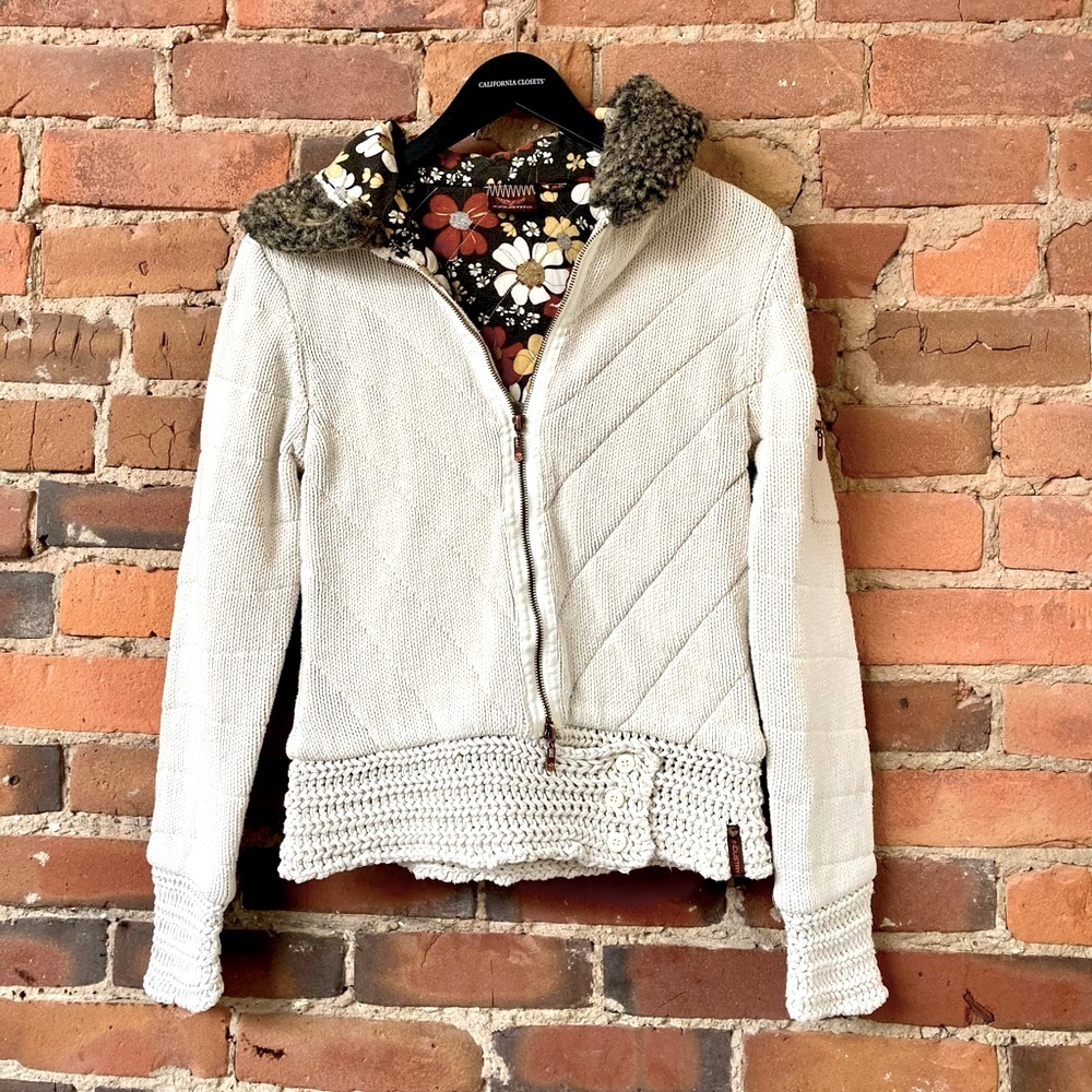 Vintage INDUSTRY Cream Sweater Zip-Up Jacket with Faux Fur Hood. Medium.